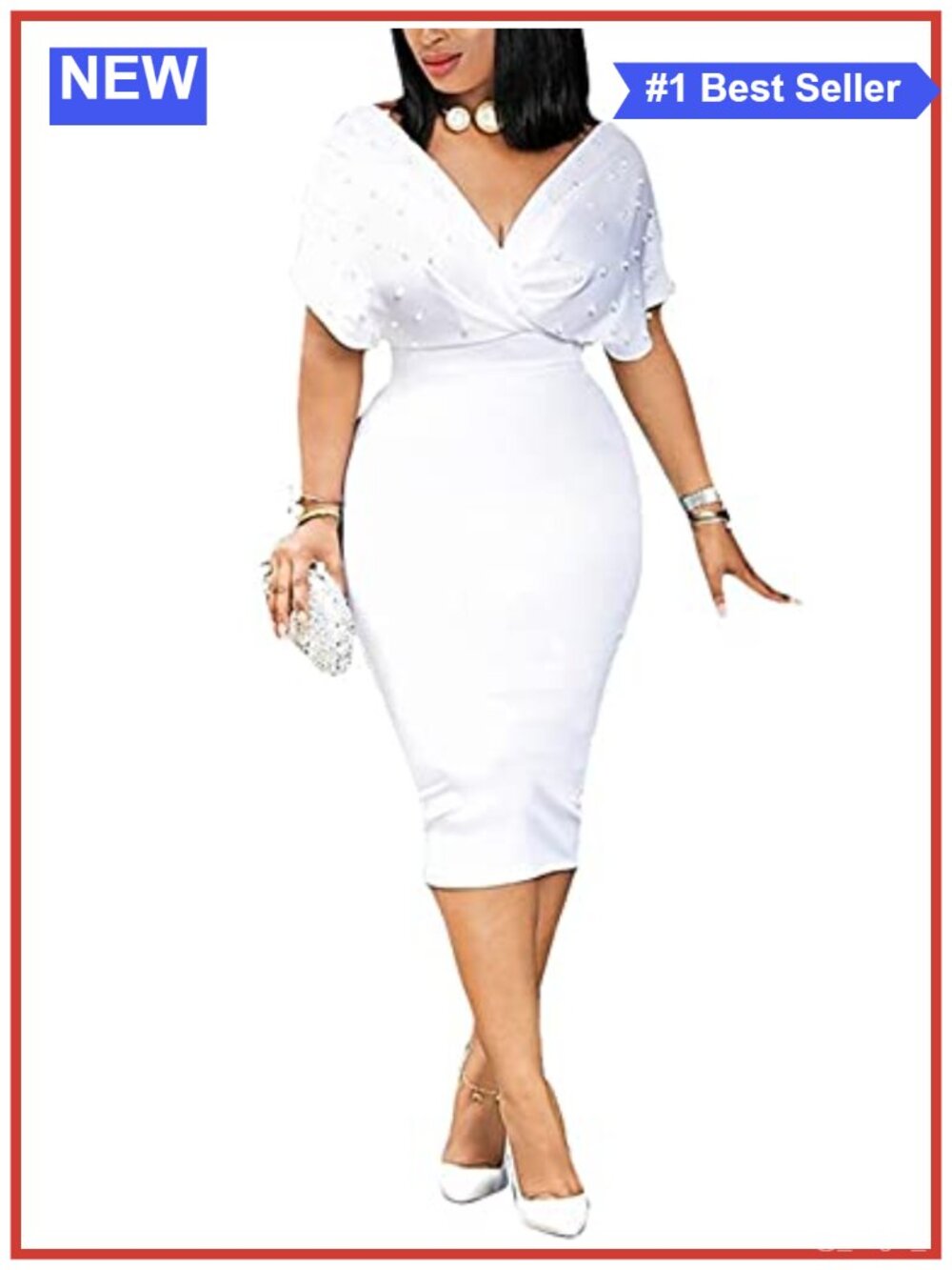 Elegant Pearl Beaded Deep V Neck Short Sleeve Bodycon Midi Dress Back Zip